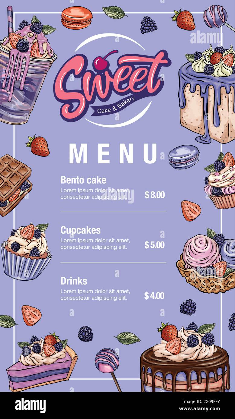 Hand drawn vector template of menu with desserts, sweets and bakery ...