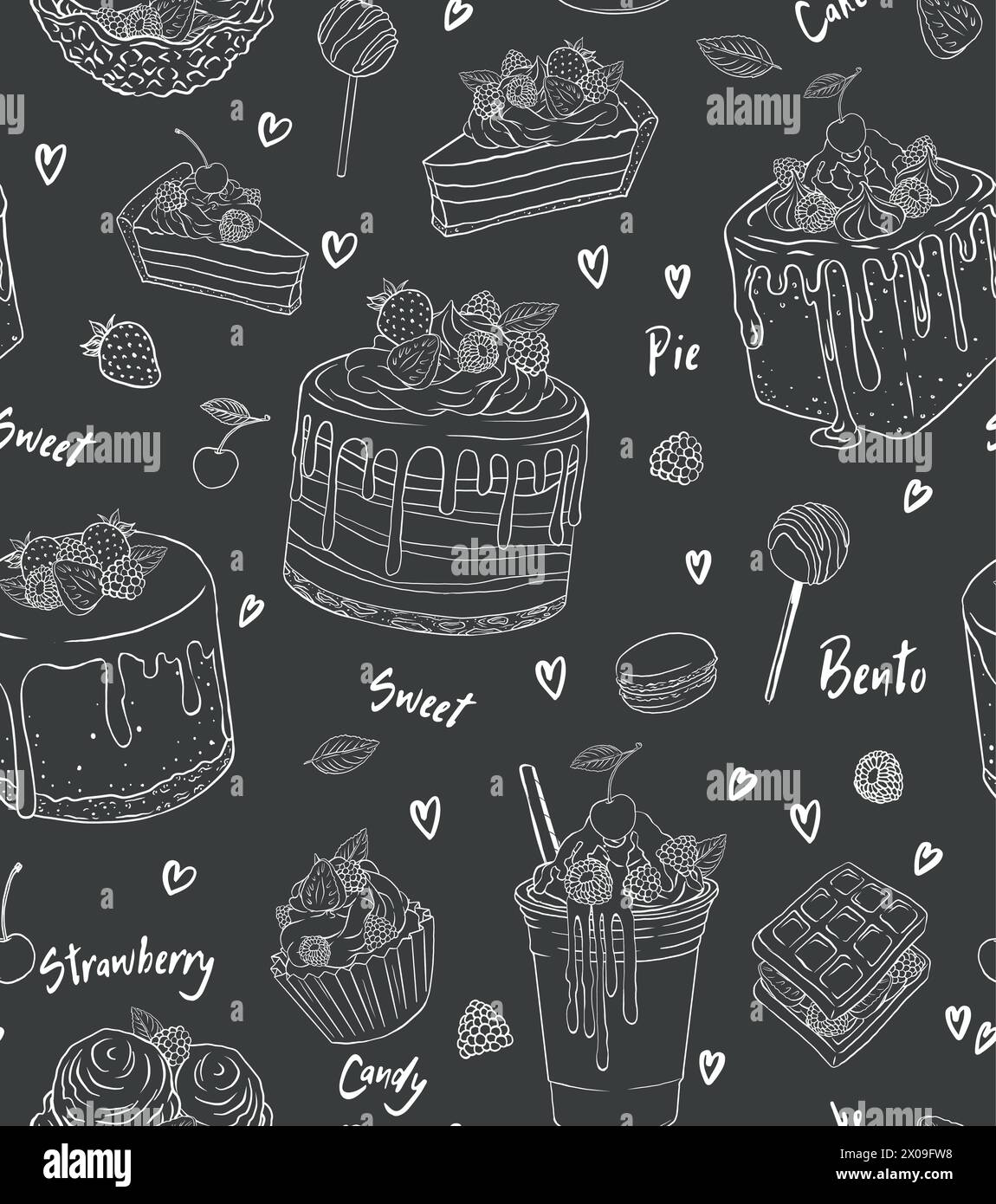 seamless pattern Hand drawn vector template of menu with desserts, sweets and bakery products. Birthday and holidays. Love texture for wrapping paper, Stock Vector