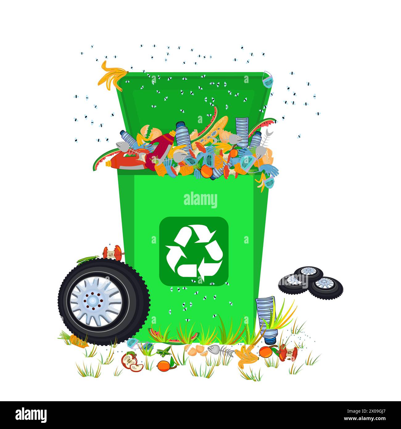 Garbage containers with unsorted trash. Rotting rubbish in full can bin and flies flying around. Pile of waste in dustbin.Rubbish smells and decompose Stock Vector