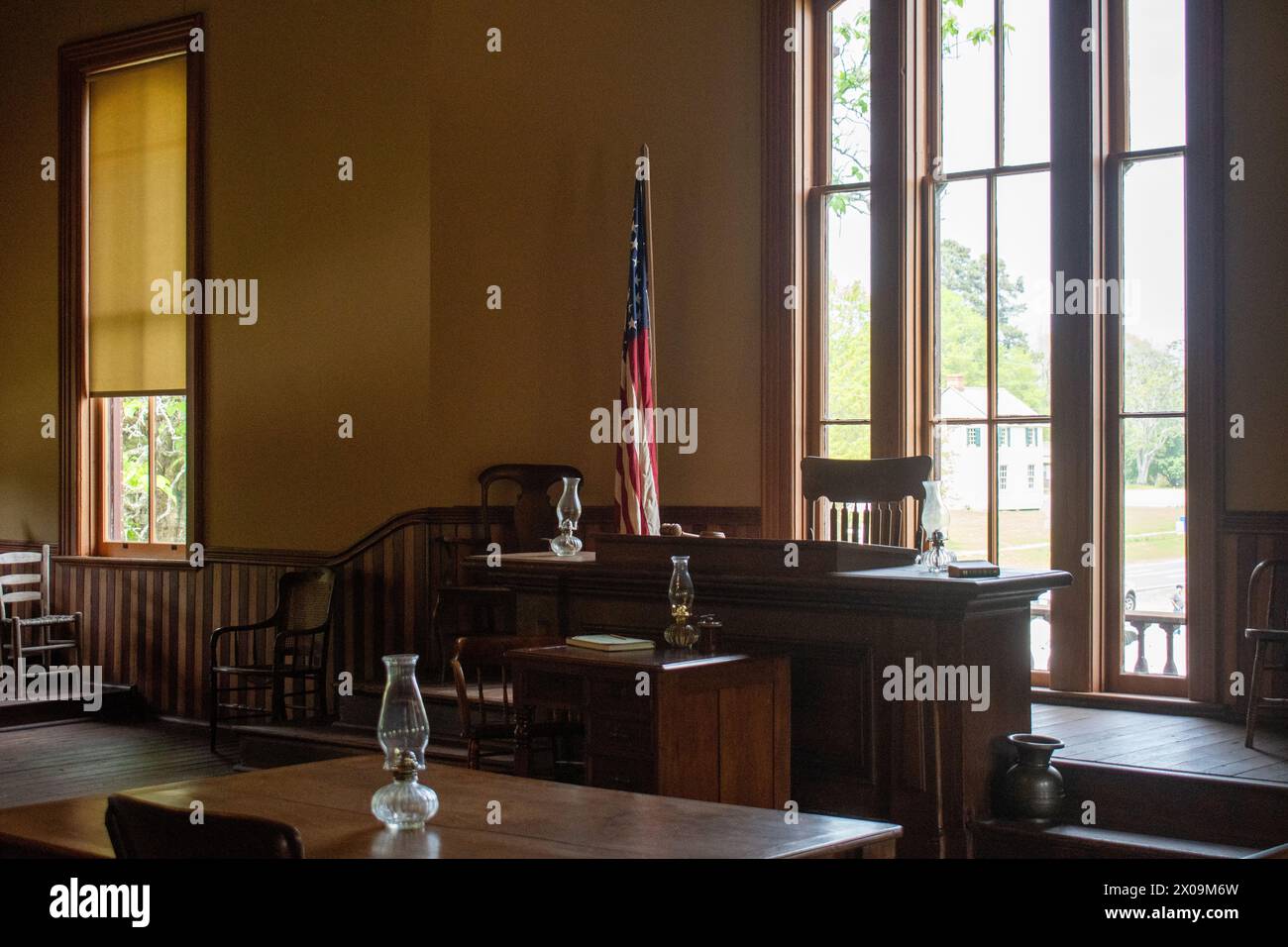 1800's courtroom antique wood furniture Stock Photo
