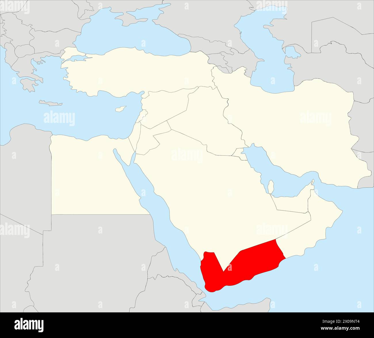 Red map of YEMEN inside highlighted beige map of the Middle East Stock Vector