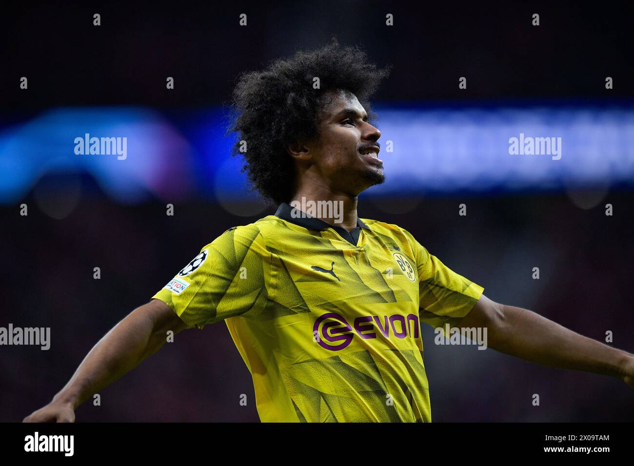 Madrid, Spain. 10th Apr, 2024. MADRID, SPAIN - APRIL 10: Karim Adeyemi of Borussia Dortmund reacts during the Quarter-final First Leg - UEFA Champions League 2023/24 match between Atletico Madrid and Borussia Dortmund at Civitas Metropolitano Stadium on April 10, 2024 in Madrid, Spain. (Photo by Pablo Morano/BSR Agency) Credit: BSR Agency/Alamy Live News Stock Photo