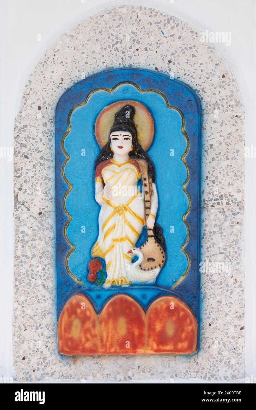 Murti of the Hindu deity Saraswati / Sarasvati, goddess of inter alia muisic, wisdom and learning, with her hamsa (a swan or goose) and veena, on an e Stock Photo
