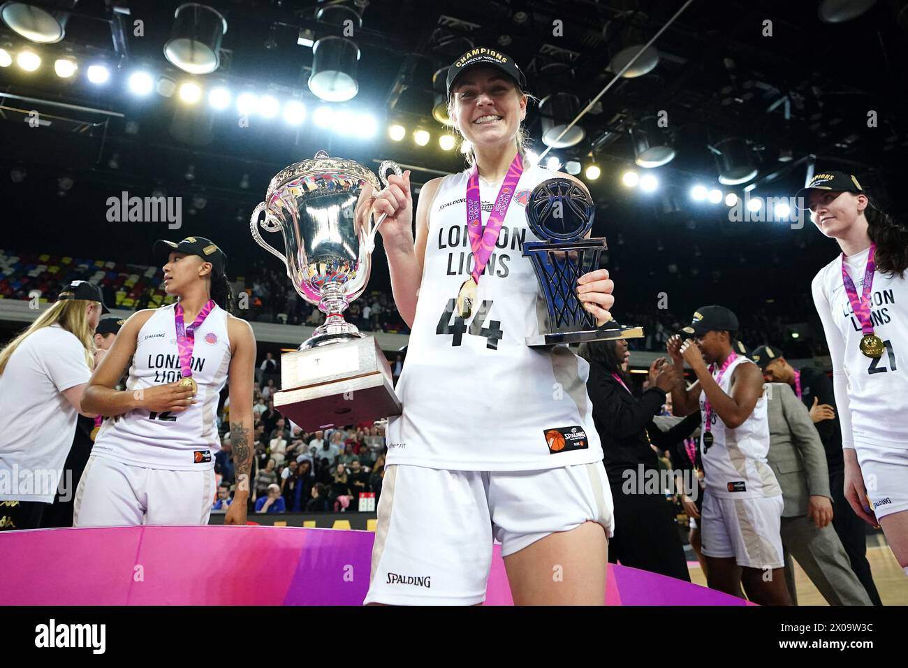 London Lions' Karlie Samuelson with the trophy and MVP trophy after victory in the EuroCup Women's Final second leg match at the Copperbox Arena, London. Picture date: Wednesday April 10, 2024. See PA story BASKETBALL London. Photo credit should read: Zac Goodwin/PA Wire. RESTRICTIONS: Use subject to restrictions. Editorial use only, no commercial use without prior consent from rights holder. Stock Photo