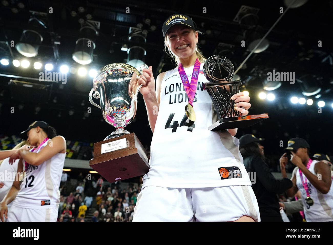 London Lions' Karlie Samuelson with the trophy and MVP trophy after victory in the EuroCup Women's Final second leg match at the Copperbox Arena, London. Picture date: Wednesday April 10, 2024. See PA story BASKETBALL London. Photo credit should read: Zac Goodwin/PA Wire. RESTRICTIONS: Use subject to restrictions. Editorial use only, no commercial use without prior consent from rights holder. Stock Photo