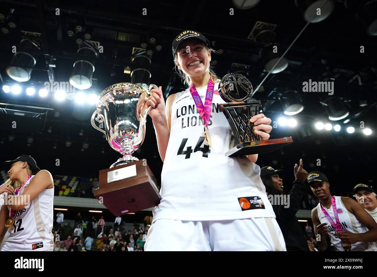 London Lions' Karlie Samuelson with the trophy and MVP trophy after victory in the EuroCup Women's Final second leg match at the Copperbox Arena, London. Picture date: Wednesday April 10, 2024. See PA story BASKETBALL London. Photo credit should read: Zac Goodwin/PA Wire. RESTRICTIONS: Use subject to restrictions. Editorial use only, no commercial use without prior consent from rights holder. Stock Photo