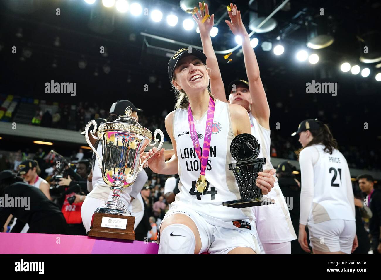 London Lions' Karlie Samuelson with the trophy and MVP trophy after victory in the EuroCup Women's Final second leg match at the Copperbox Arena, London. Picture date: Wednesday April 10, 2024. See PA story BASKETBALL London. Photo credit should read: Zac Goodwin/PA Wire. RESTRICTIONS: Use subject to restrictions. Editorial use only, no commercial use without prior consent from rights holder. Stock Photo