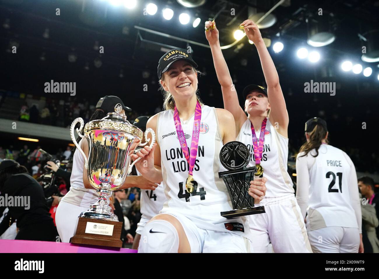 London Lions' Karlie Samuelson with the trophy and MVP trophy after victory in the EuroCup Women's Final second leg match at the Copperbox Arena, London. Picture date: Wednesday April 10, 2024. See PA story BASKETBALL London. Photo credit should read: Zac Goodwin/PA Wire. RESTRICTIONS: Use subject to restrictions. Editorial use only, no commercial use without prior consent from rights holder. Stock Photo