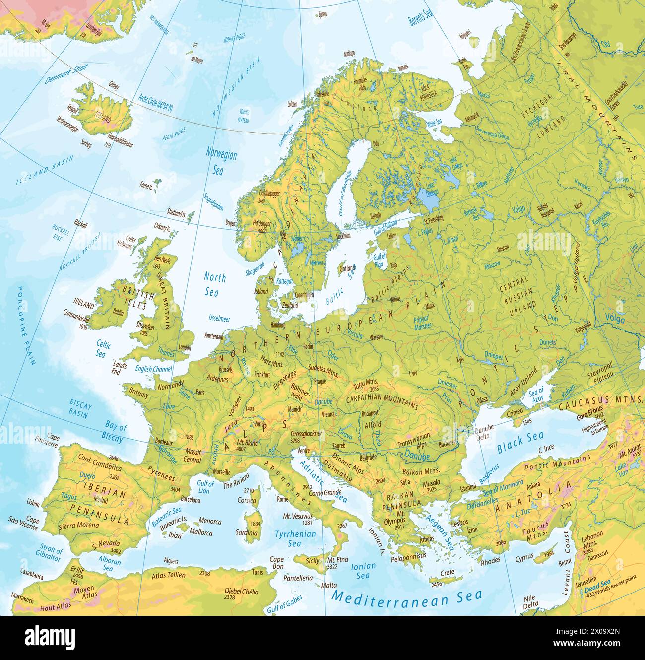 Detailed physical map of Europe Stock Vector