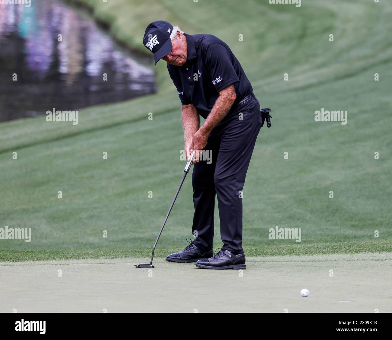 Augusta, United States. 10th Apr, 2024. Gary Player putts on the fifth green during the Par 3 competition at the Masters Tournament at Augusta National Golf Club in Augusta, Georgia on Wednesday, April 10, 2024. Photo by Tannen Maury/UPI Credit: UPI/Alamy Live News Stock Photo