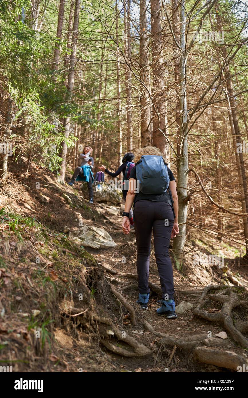 Women hikers with backpack as friends hiking in the mountains through the forest Stock Photo