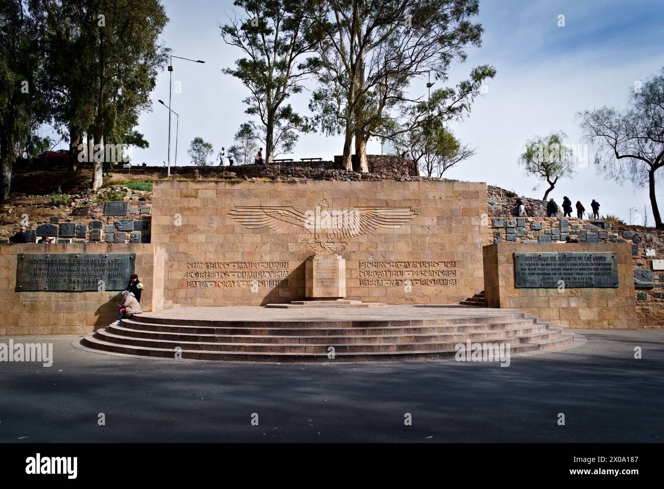 Monument of the Cerro de la Gloria, in Mendoza, Argentina, naming the battles of the Independence War. Stock Photo