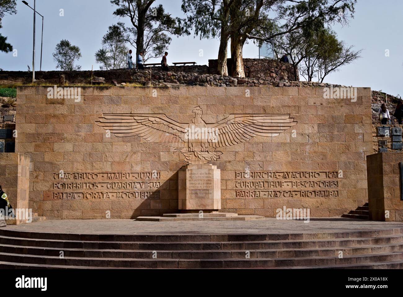 Monument of the Cerro de la Gloria, in Mendoza, Argentina, naming the battles of the Independence War. Stock Photo