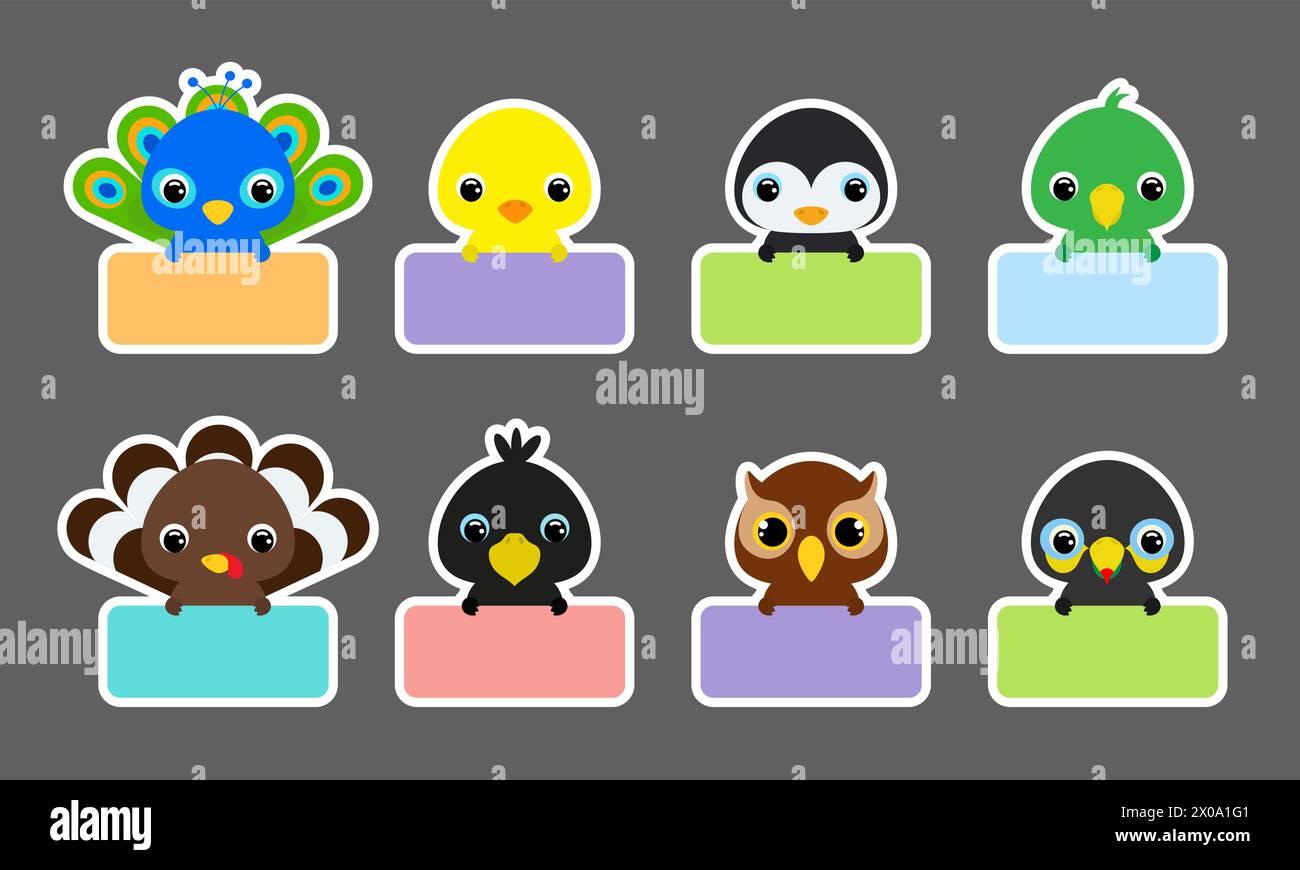 Set of sticky labels for baby name. Cute cartoon animals shaped