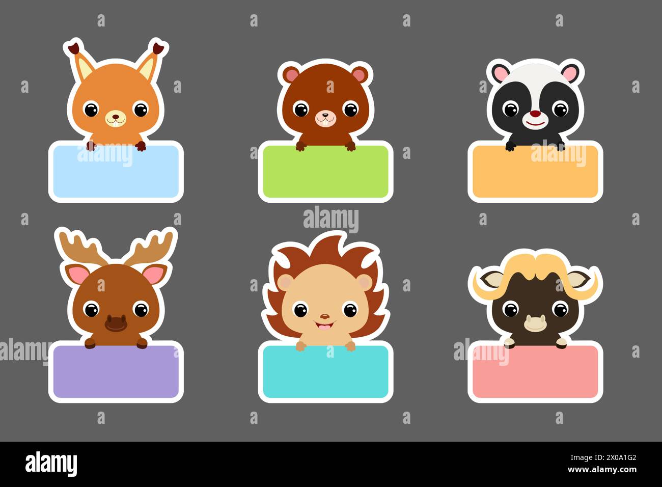 Set of sticky labels for baby name. Cute cartoon animals shaped