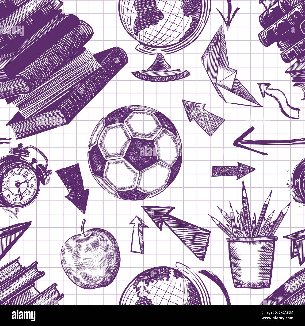 doodle style seamless pattern of blue ink school items. Handmade, not ...