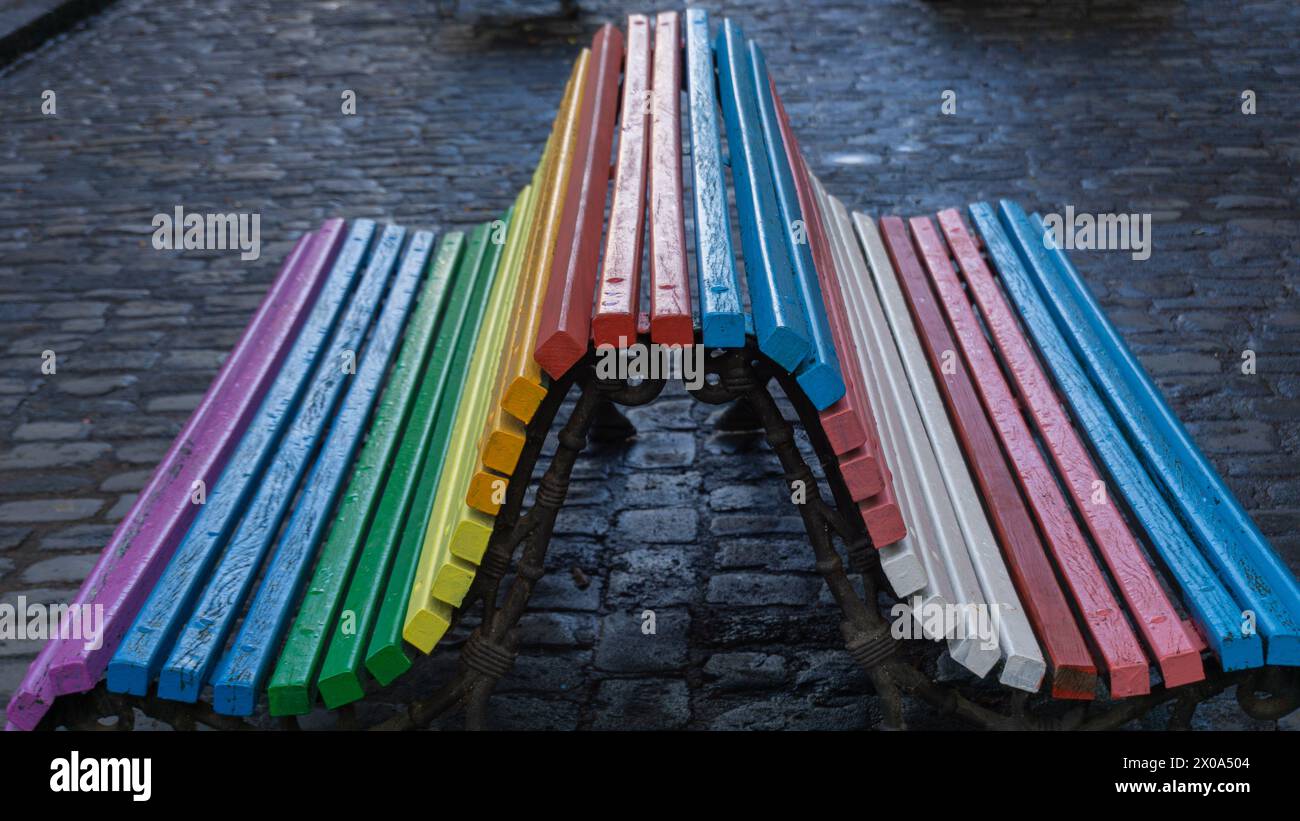 LGBT and Trans flags on urban benches Stock Photo