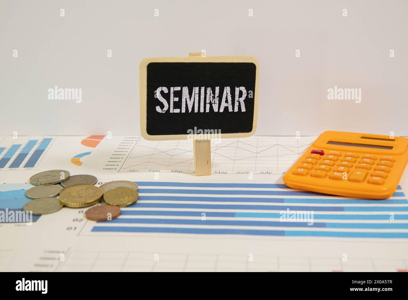 Hand writing Seminar topic on chalkboard. Stock Photo