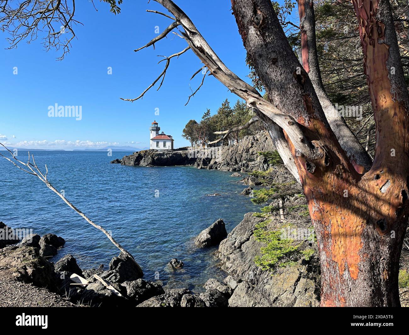 Lime Kiln Point State Park with lighthouse, set on a rocky cliff at the west end of San Juan Island Stock Photo