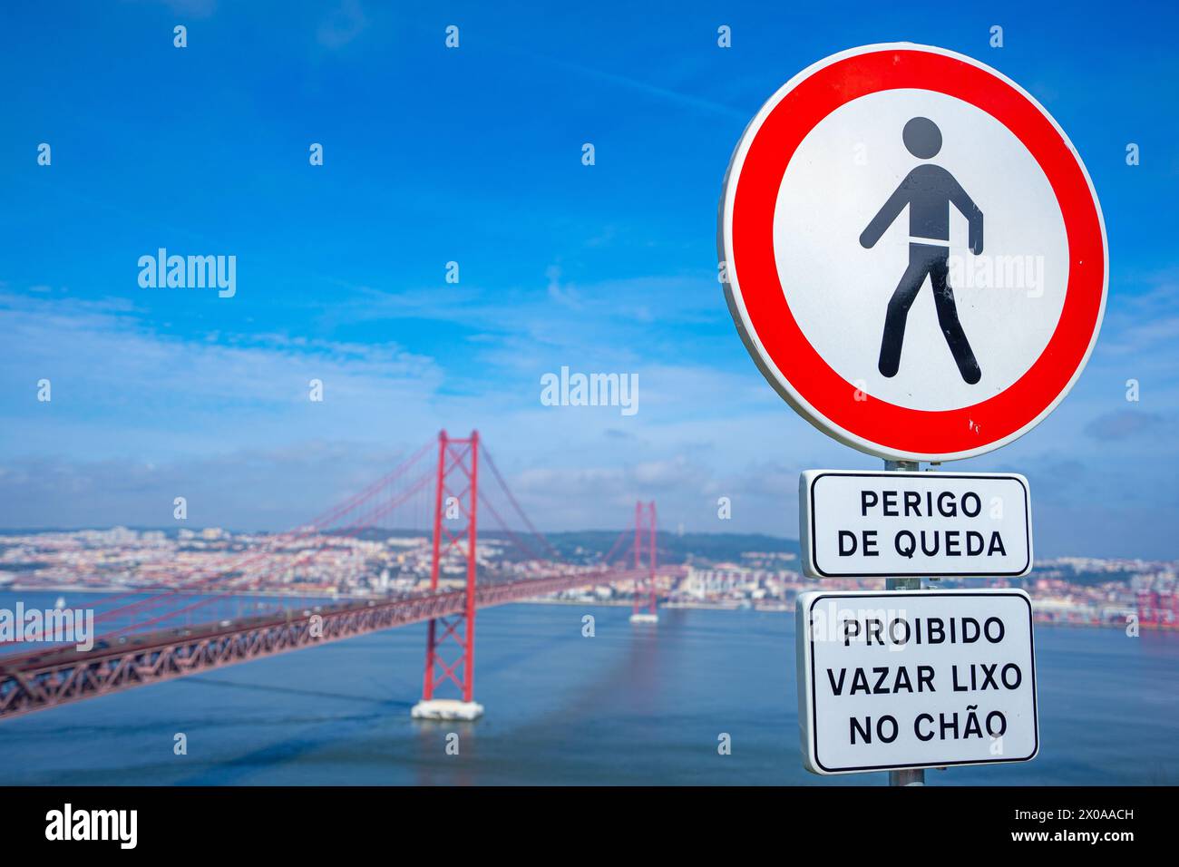 Road sign prohibiting pedestrian movement and danger of falling caption ...