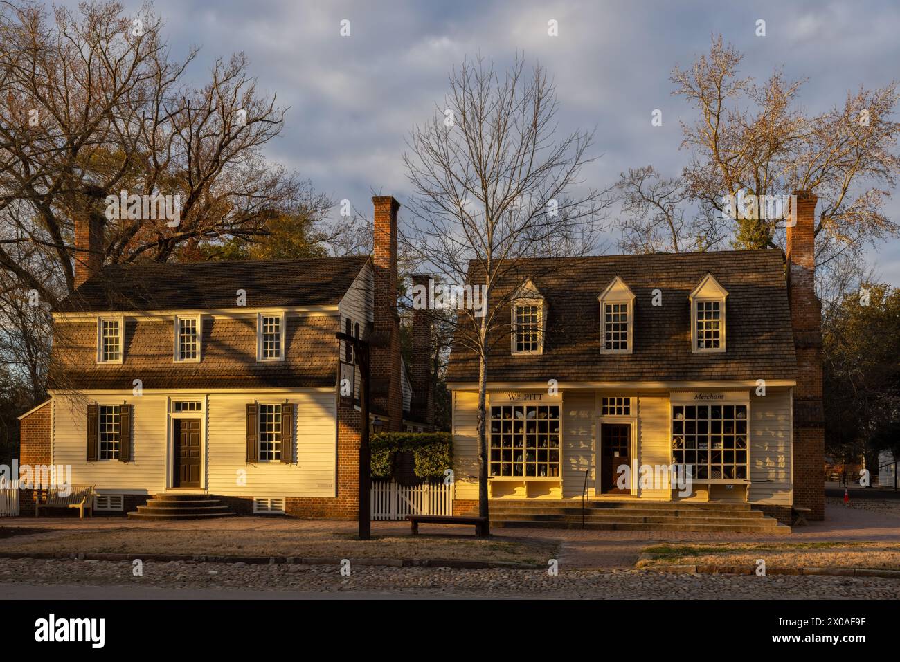 William Pitt Store in the late afternoon in winter, Colonial Williamsburg, Virginia Stock Photo
