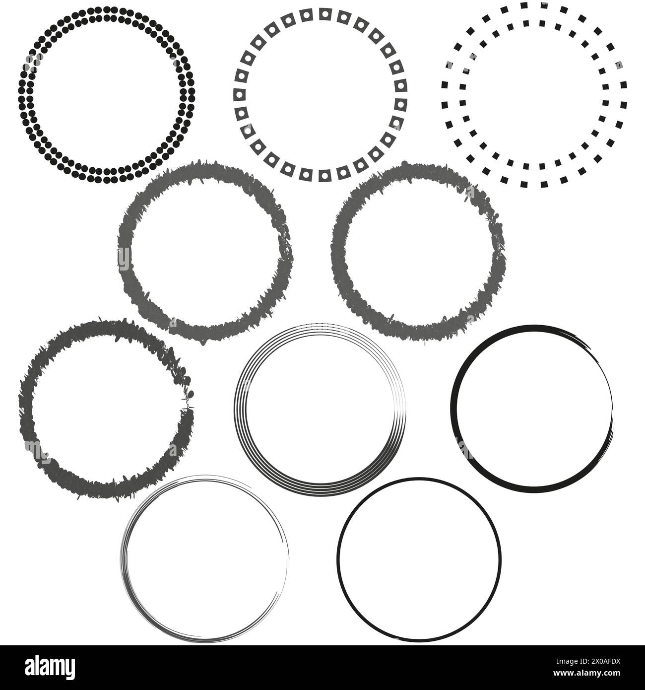 Assorted circular frames set. Dotted, dashed, and grunge circle borders. Design elements collection. Vector illustration. EPS 10. Stock Vector