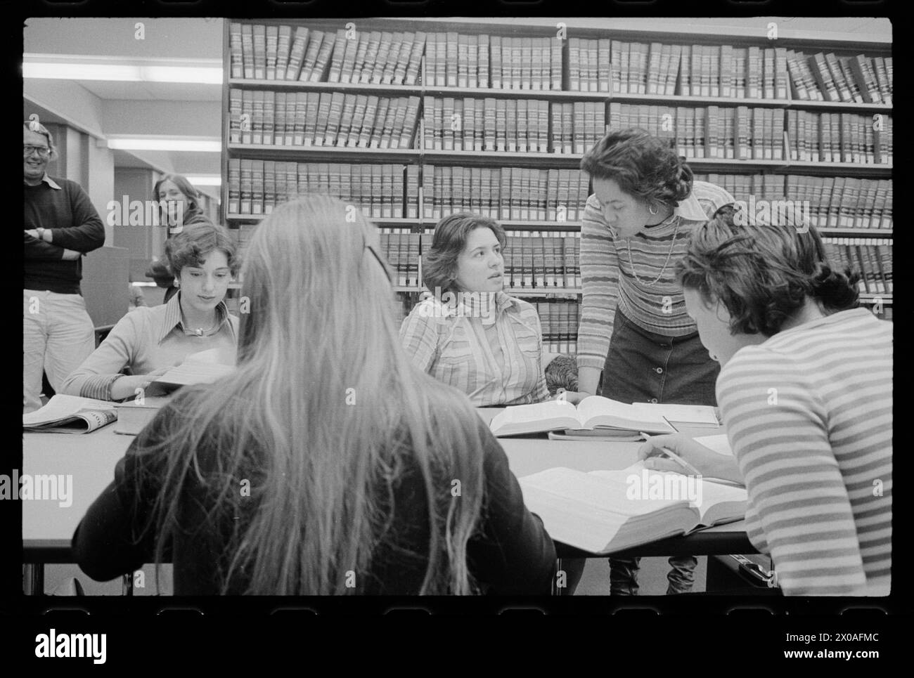 Women law students working at a table at a library at Georgetown Law School, Washington, District of Columbia, March 18, 1976.  (Photo by Marion S Trikosko/U S News and World Report Magazine Collection) Stock Photo