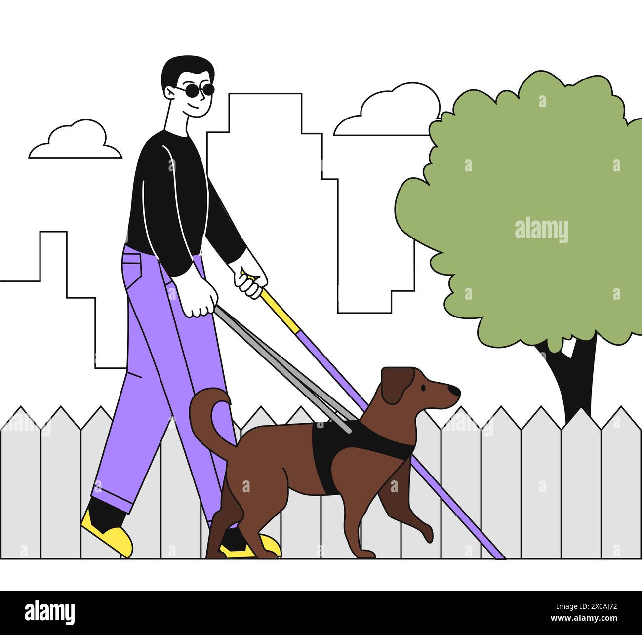 Man with guide dog vector linear Stock Vector