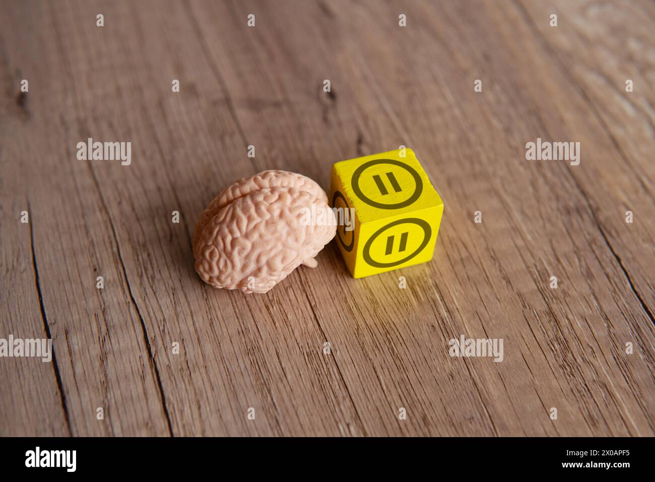 Closeup image of brain model and wooden cube with pause button icon. Rest, relax, take a break concept. Stock Photo