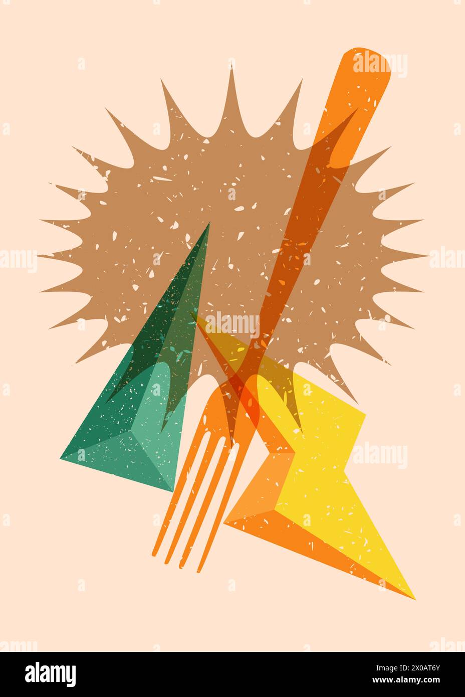 Risograph fork with geometric shapes. Objects in trendy riso graph ...