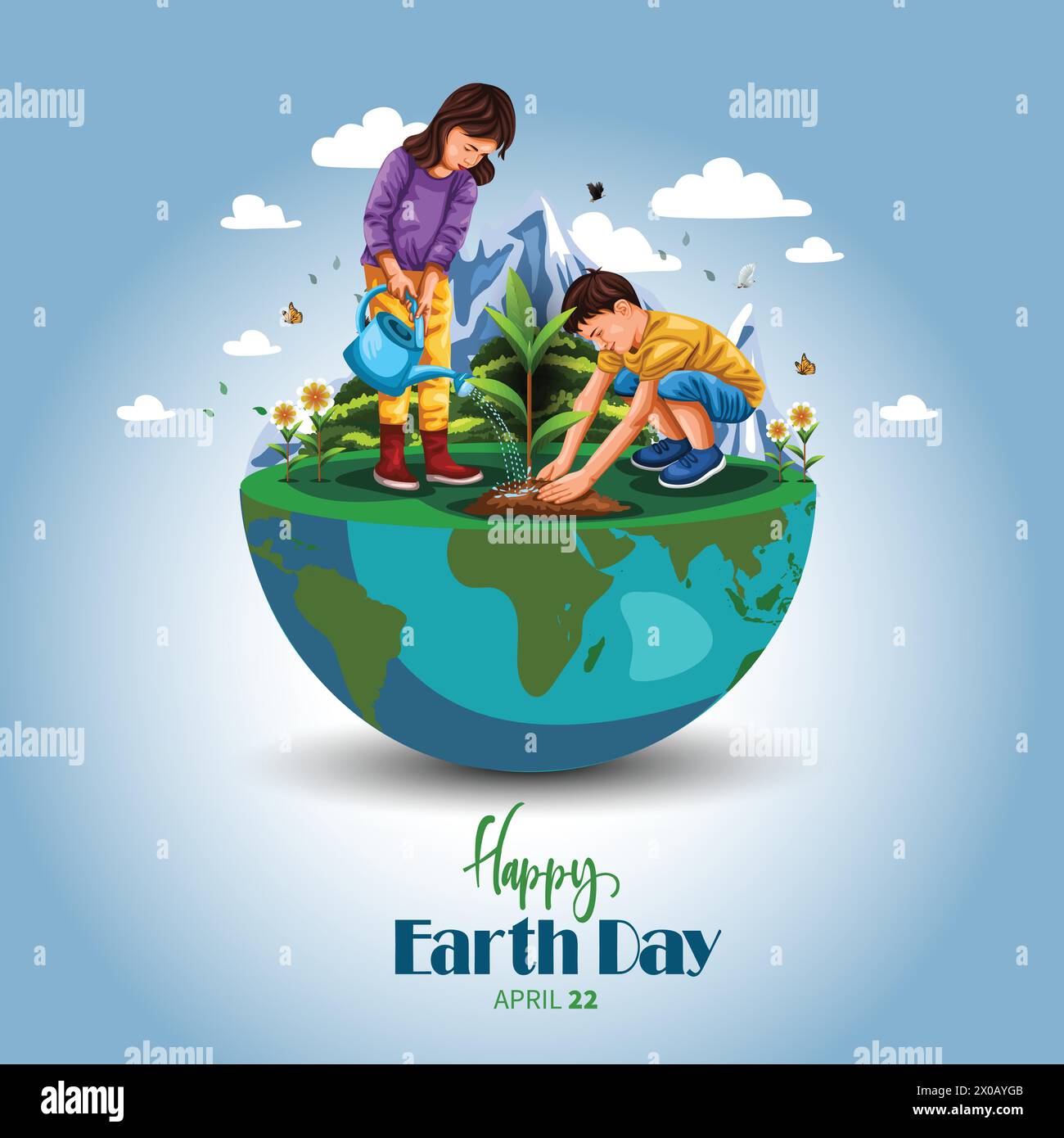 Kids Planting, Creative design world environment and earth day drawing and painting concept. abstract vector illustration design Stock Vector