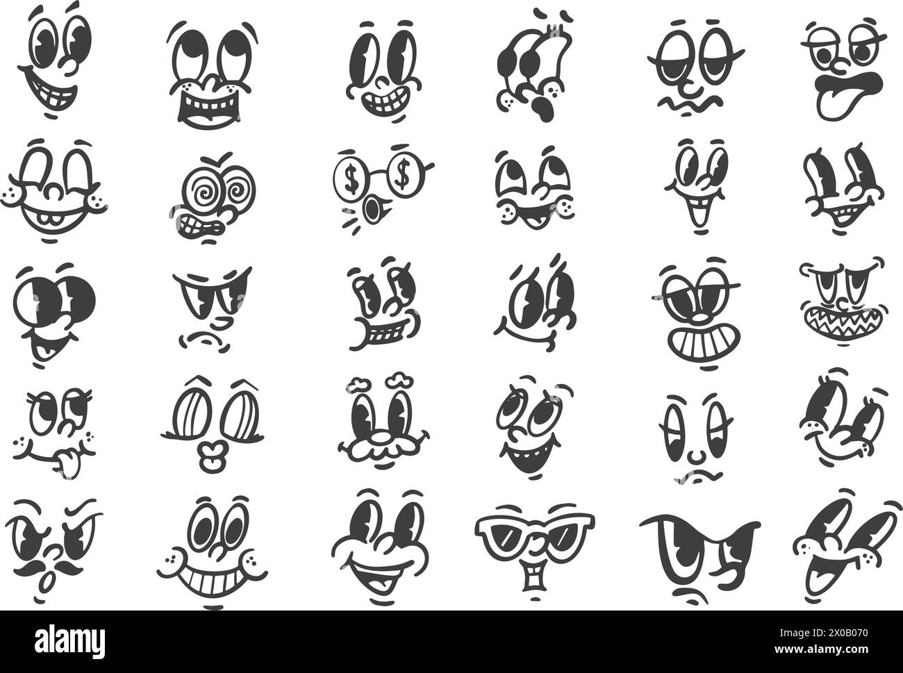 Cartoon retro faces. Vintage mascots with comic cute eyes and mouths. Funny icons set of happy smiling character expressions. 30-50s design emotions Stock Vector