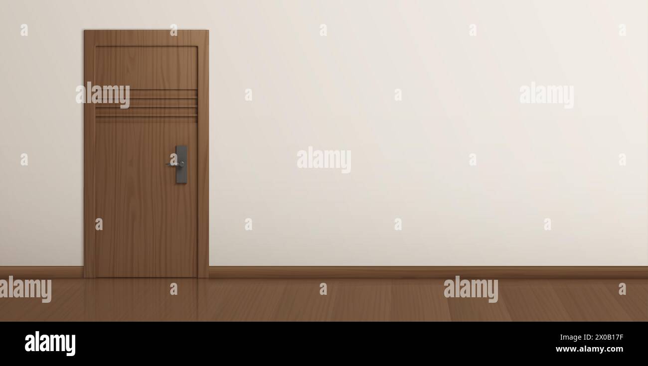 Brown wooden closed door with light beige wall and floor. House or office hall interior mockup with doorway with wood texture. Realistic 3d vector illustration of entrance with metallic handle. Stock Vector