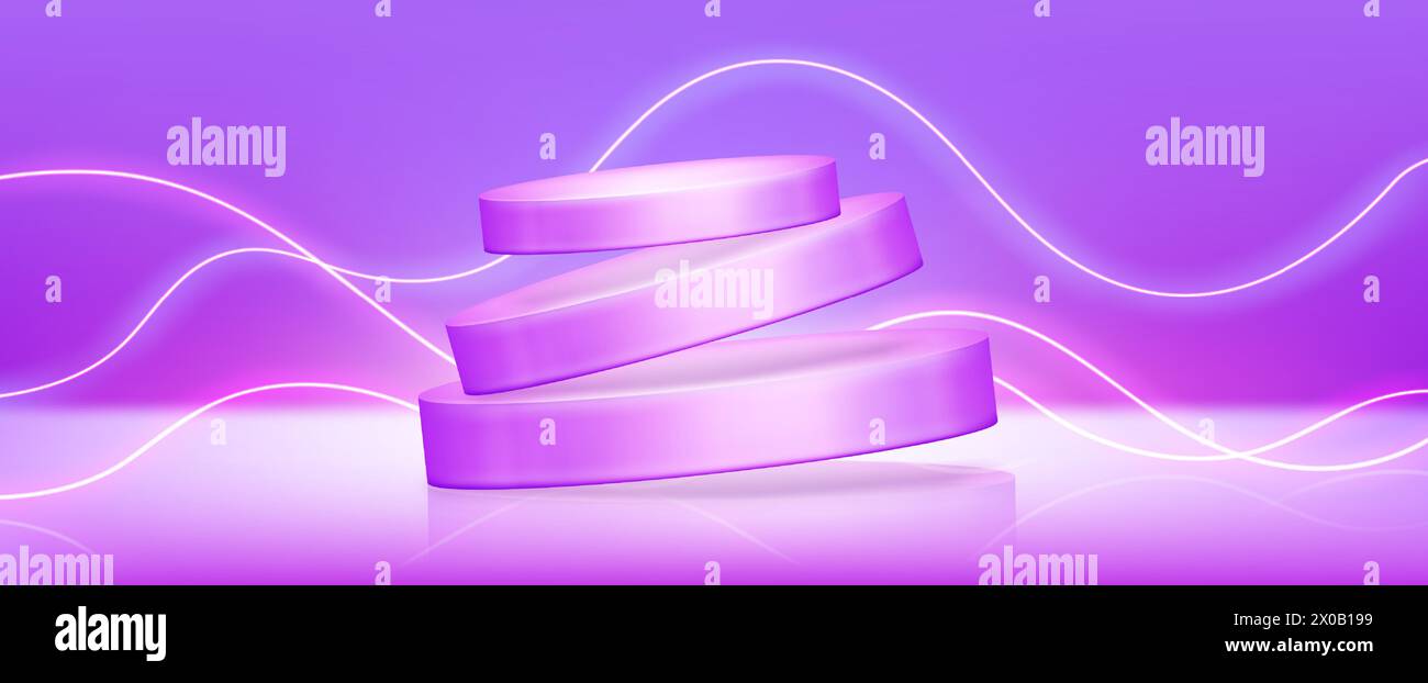 Floating podium with neon decorative wave elements. Realistic 3d vector ...