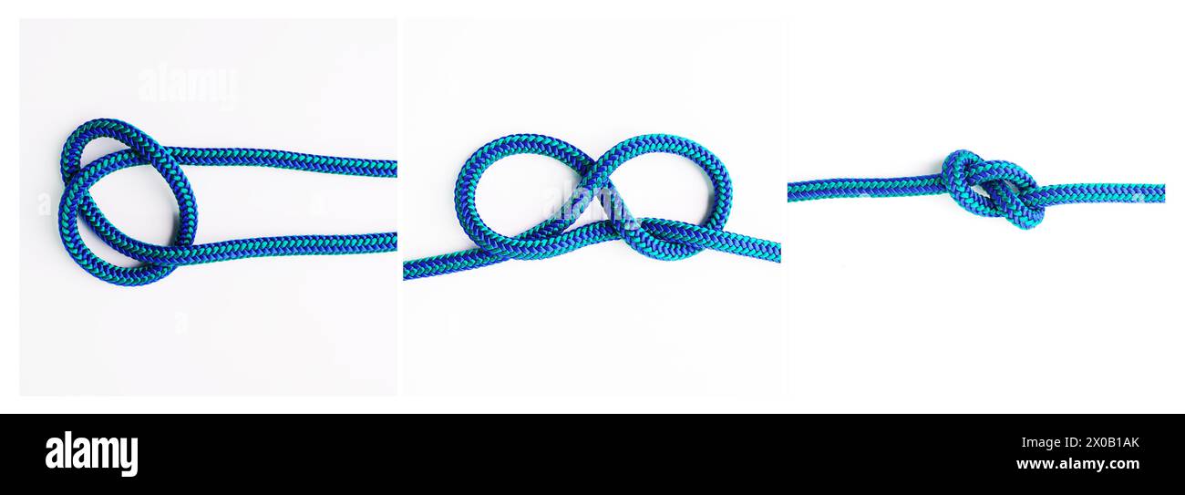 knot, instruction or steps to tie ropes and material on white