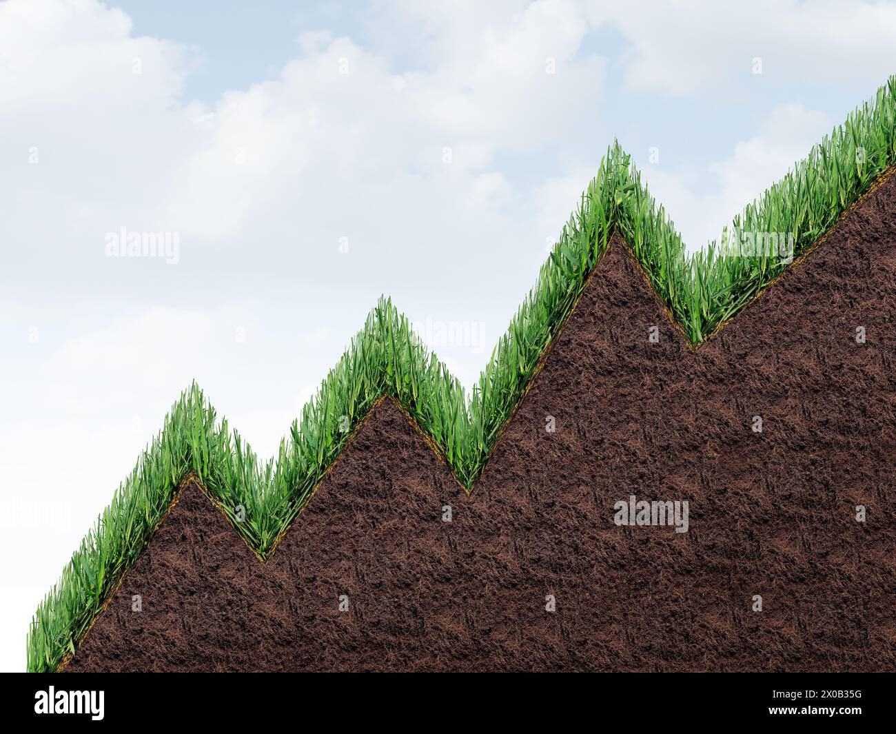 Rising Cost of Lawncare and Increasing expenses of landscaping or rising lawn care prices shaped as an upward graph arrow representing gardening indus Stock Photo
