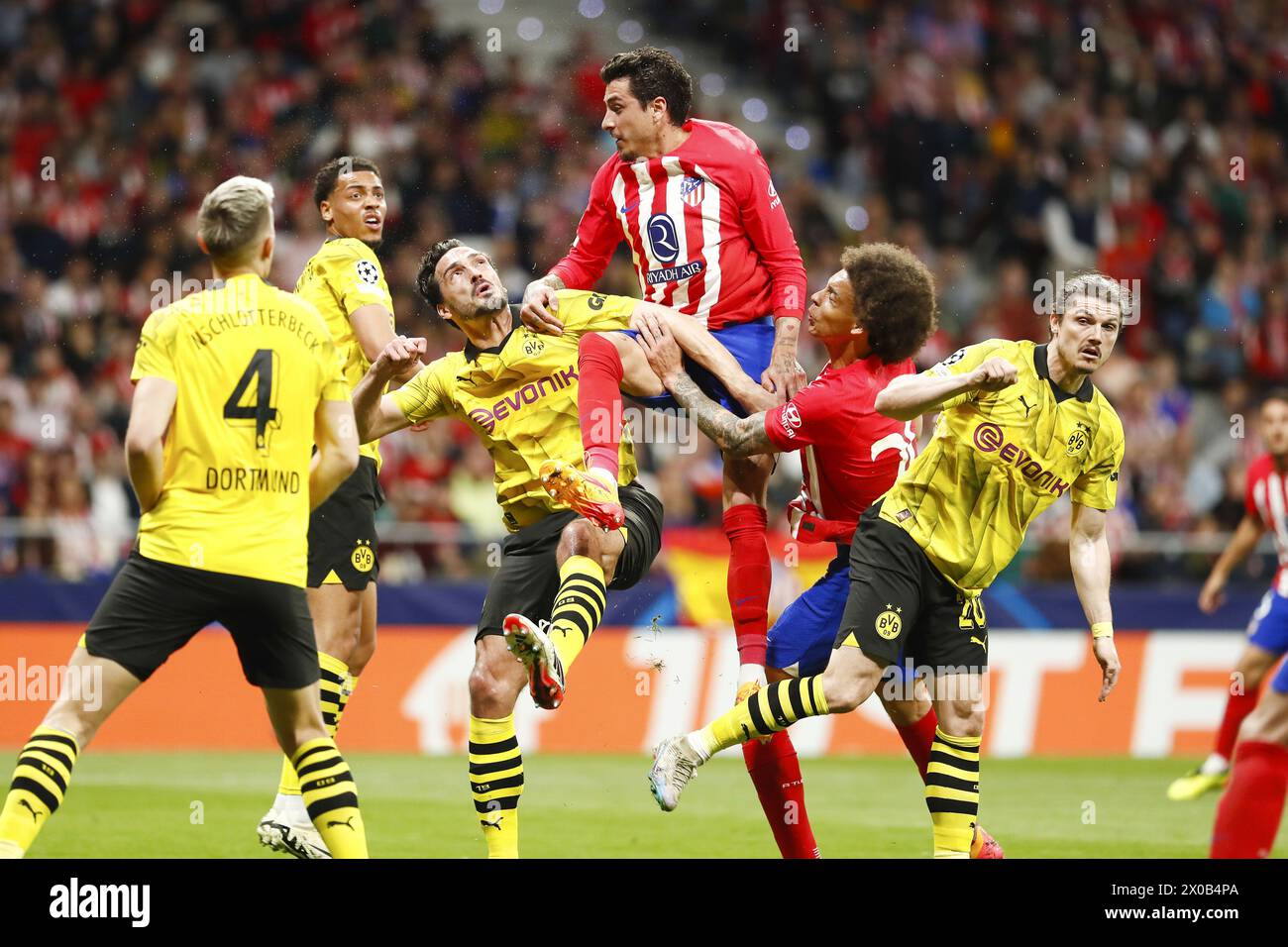 Jose Maria Gimenez, Axel Witsel of Atletico de Madrid and Mats Hummels, Marcel Sabitzer of Borussia Dortmund during the UEFA Champions League, Quarter-finals, 1st leg football match between Atletico Madrid and Borussia Dortmund on April 10, 2024 at Metropolitano stadium in Madrid, Spain Stock Photo