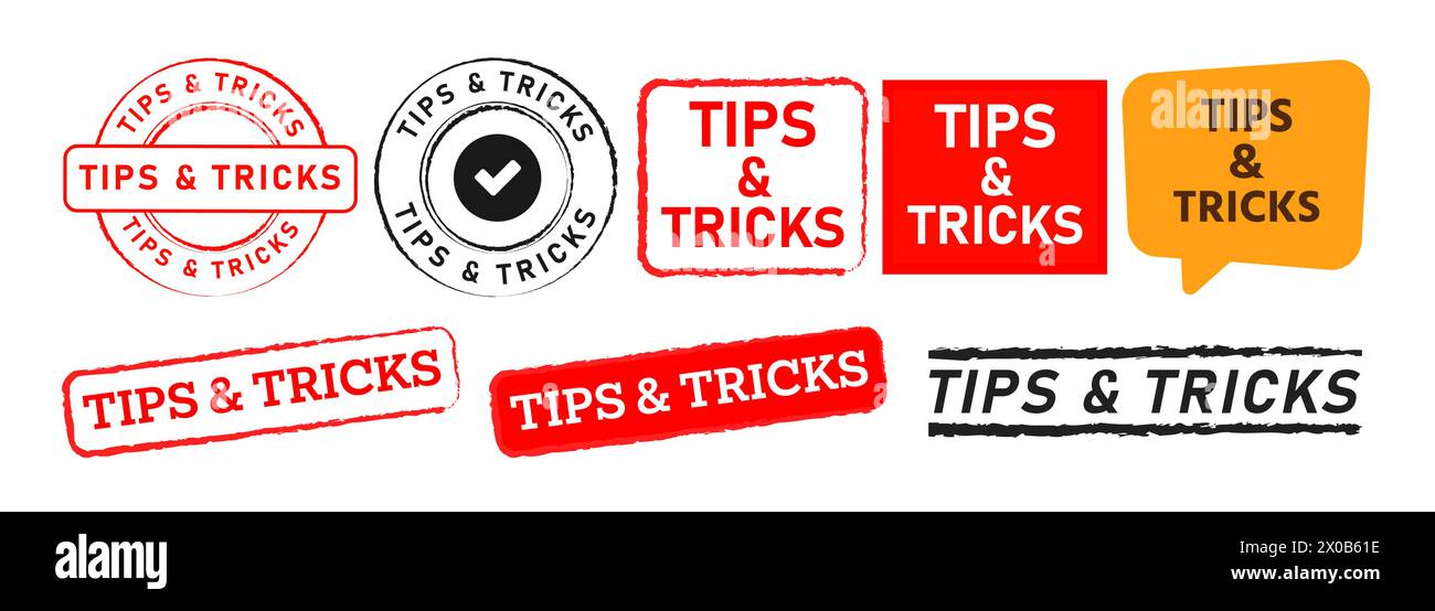 tips and tricks rectangle circle stamp and speech bubble sign for advice solution Stock Vector