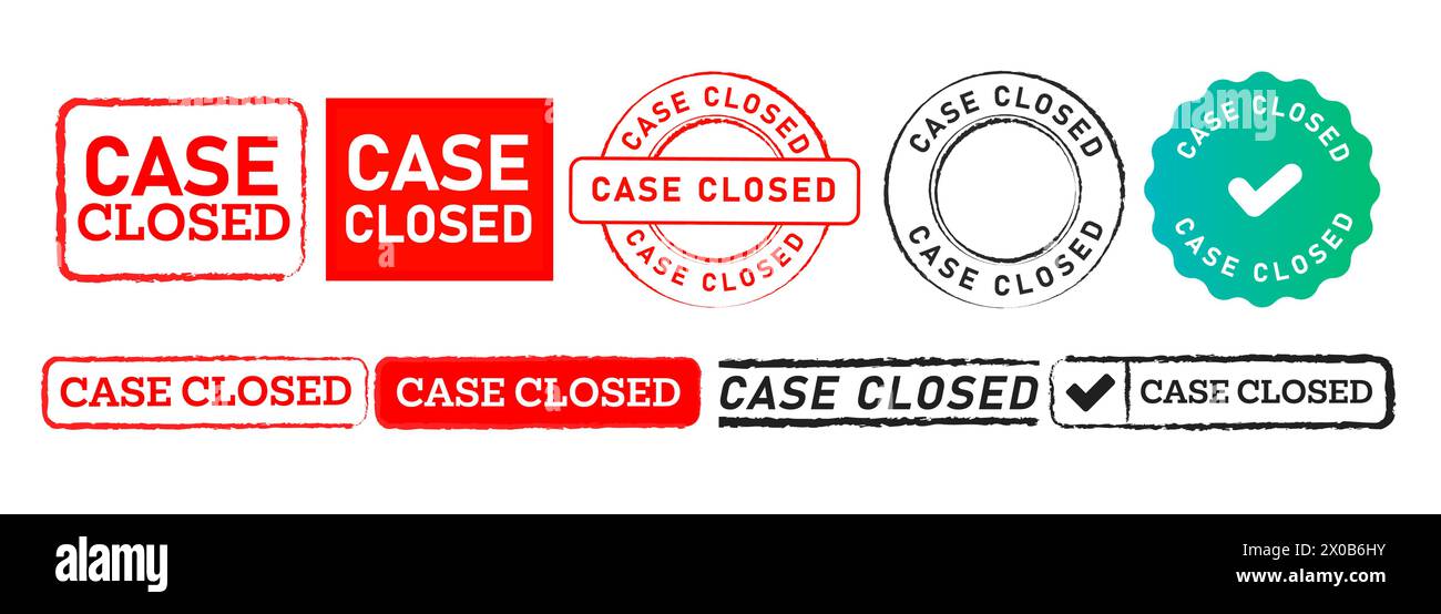 case closed rectangle circle stamp and seal badge label sticker sign for finished crime Stock Vector