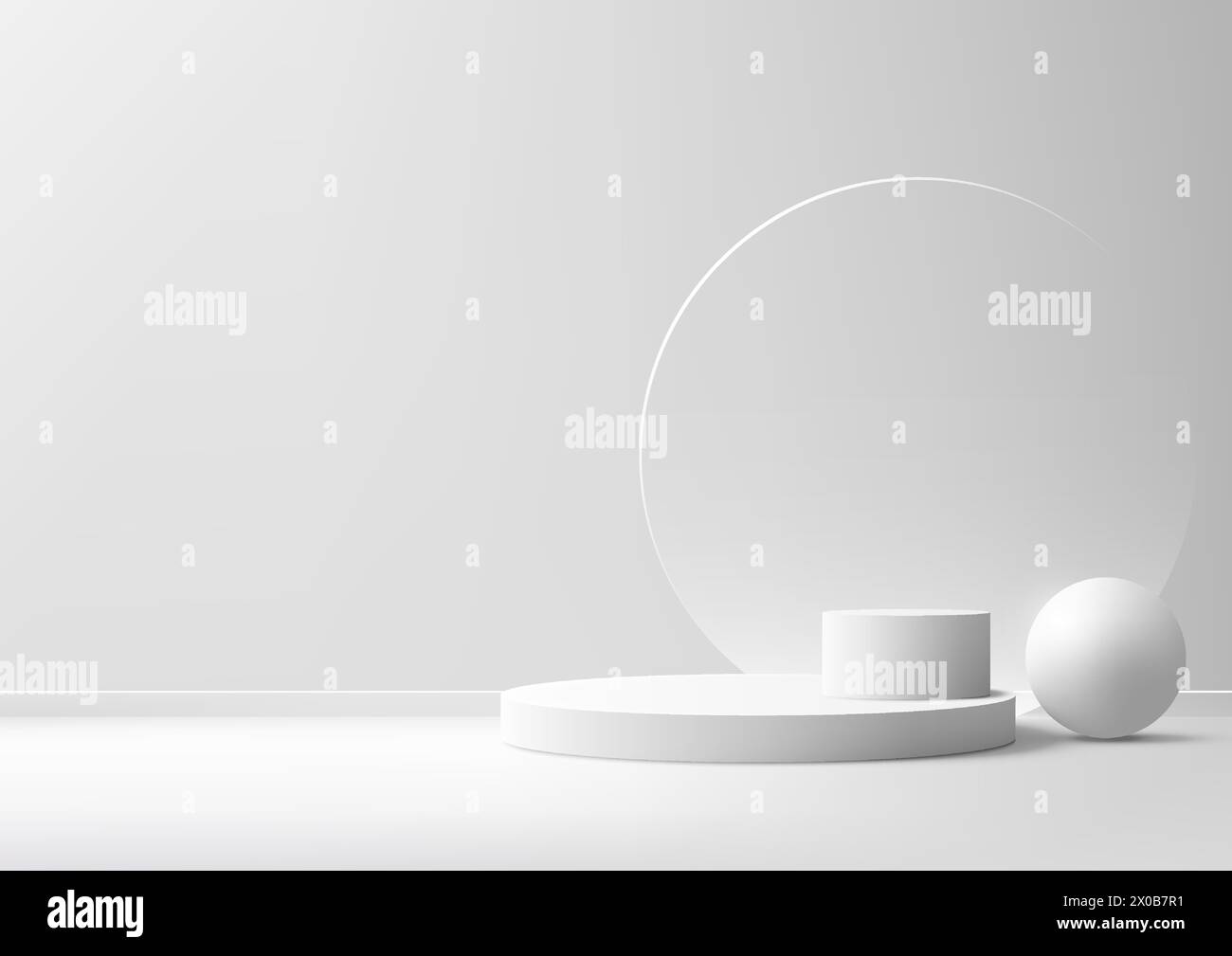 A minimalist scene with 3D white podium, sphere, and circle glass ...