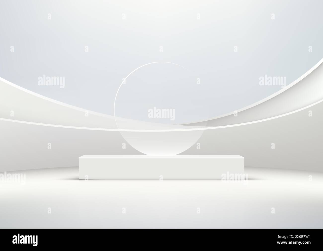 A minimalist scene with a white circle glass on top of a white podium ...