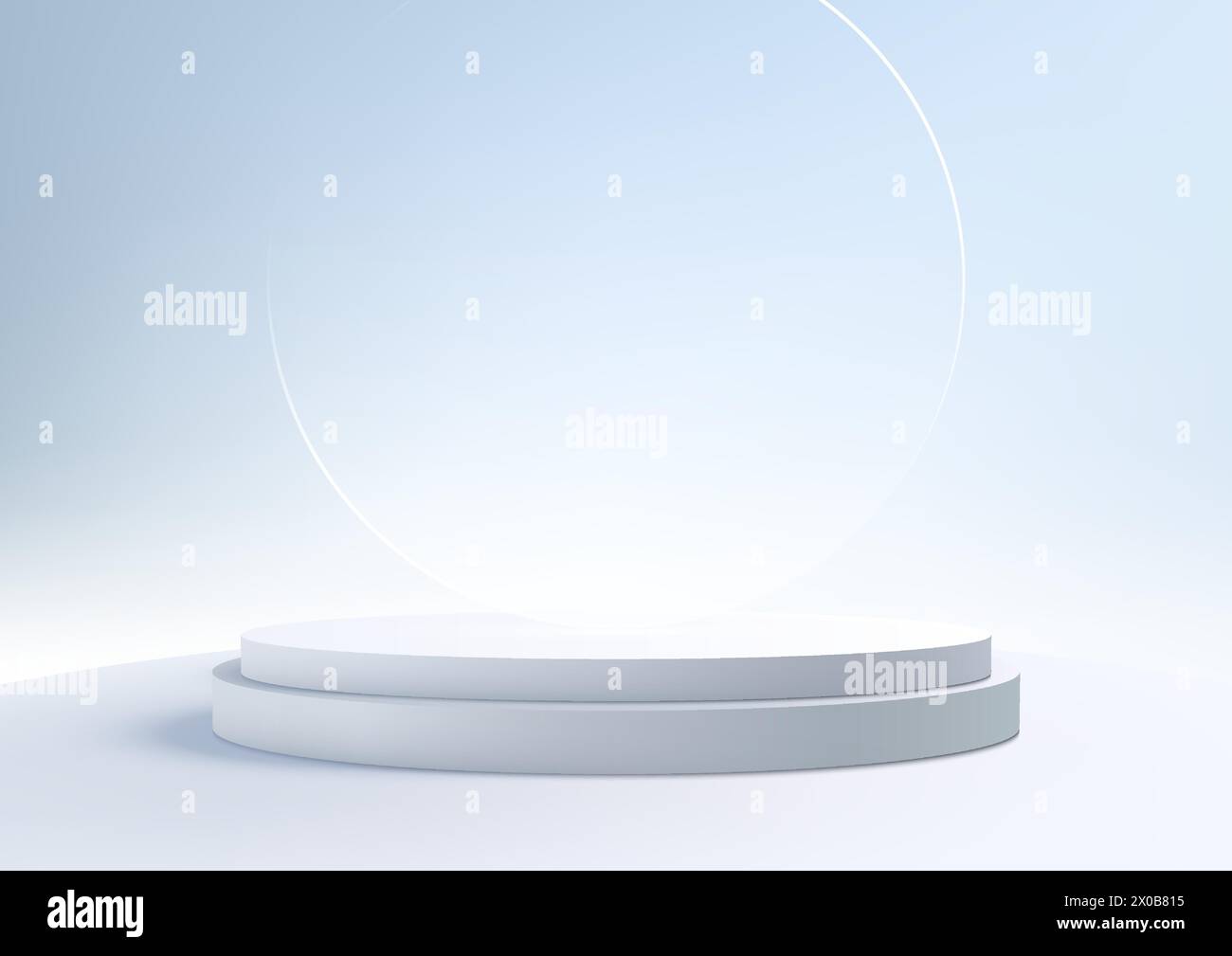 3D white podium stand with circle glass backdrop on blue sky background ...