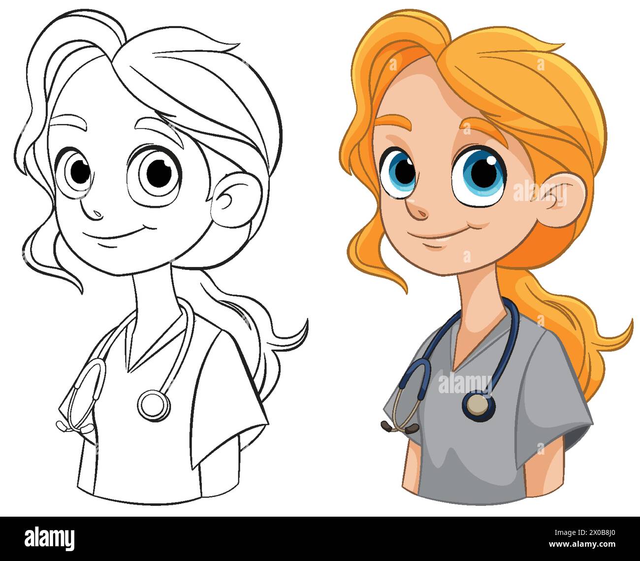 Colorful and line art illustrations of a female doctor Stock Vector ...
