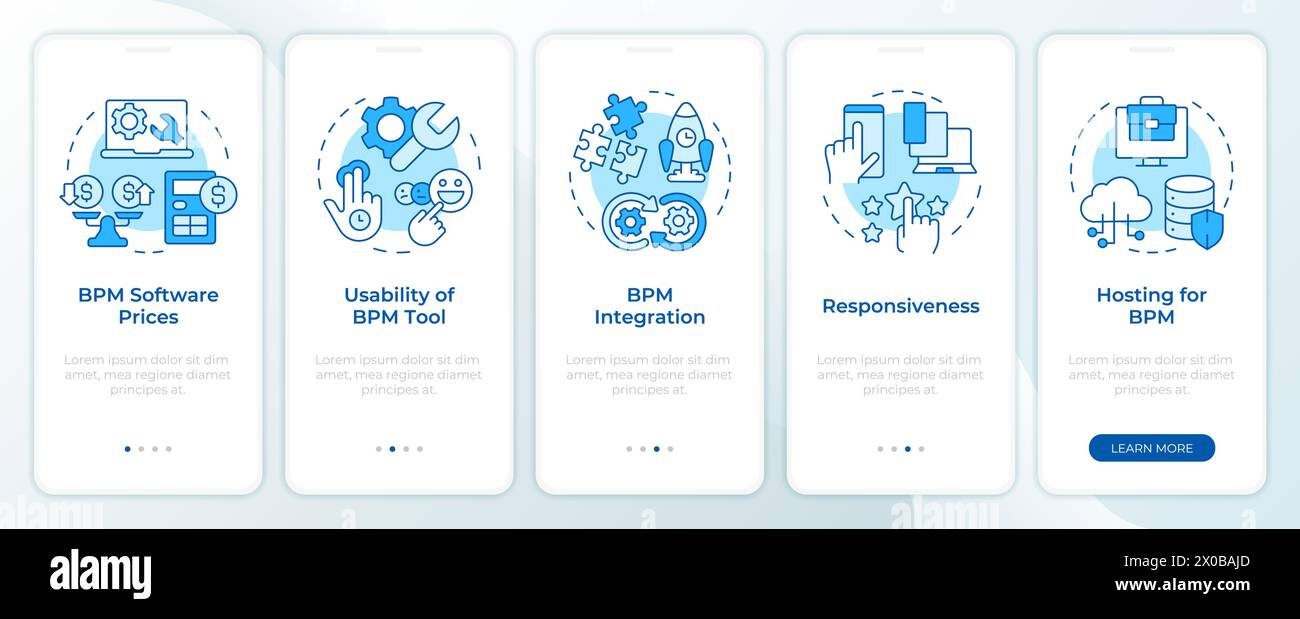 Selecting BPM tool aspects blue onboarding mobile app screen Stock Vector