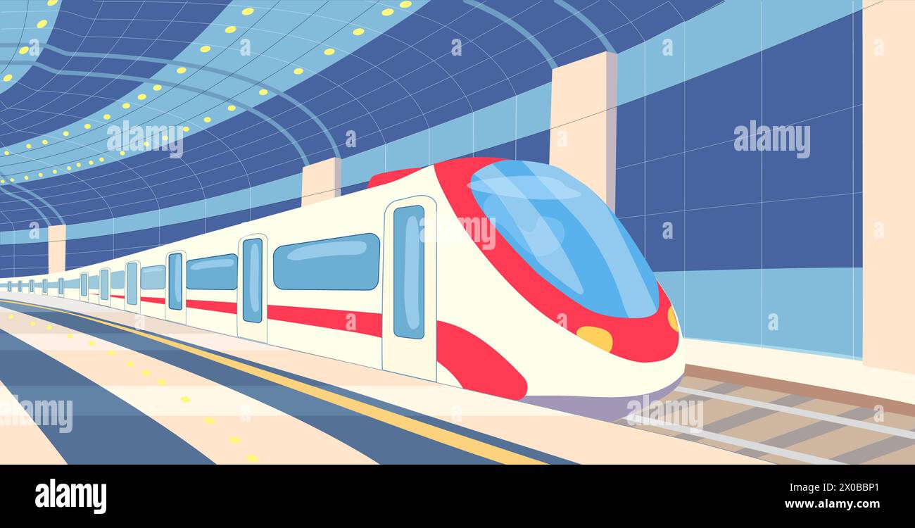 Railway. Metro station. Night Train. Passenger carriages on an empty platform. Transport for travel. Departure of the train from the platform. Vector illustration Stock Vector