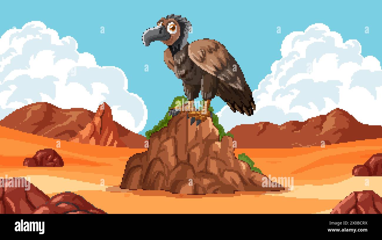 Cartoon vulture standing on a rocky hill. Stock Vector