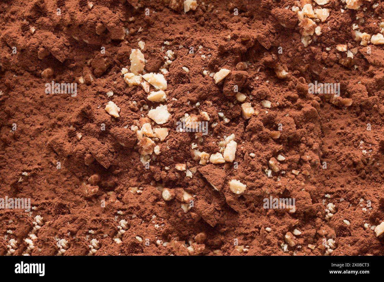 A textured landscape of finely ground cocoa powder adorned with crushed nuts.  The crushed nuts are light-colored and contrast well against the dark b Stock Photo