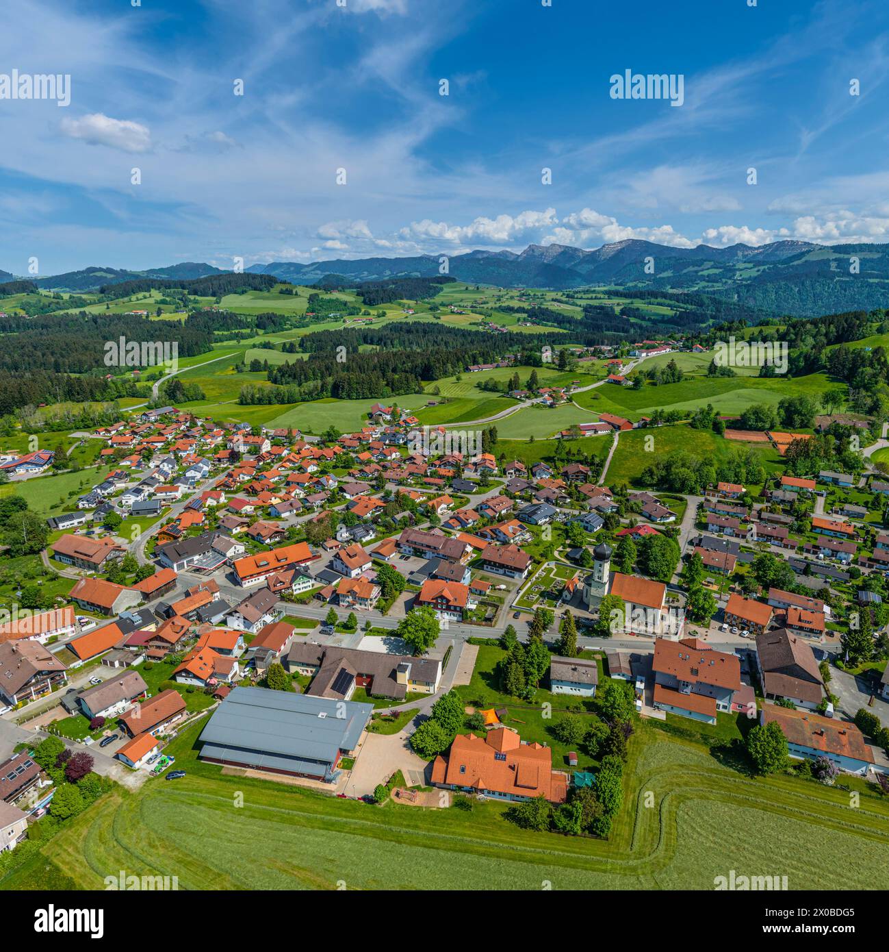 Aerial view of the West Allgäu near Oberreute on the German Alps Road
