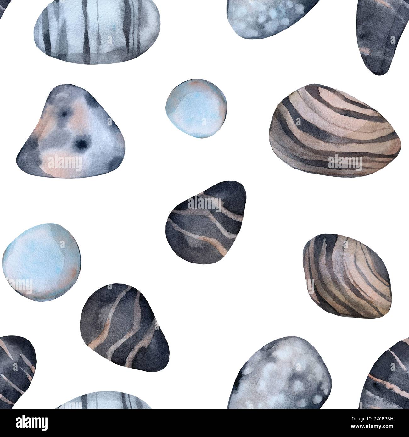 Pebbles seamless watercolor pattern hand drawn on a white background ...