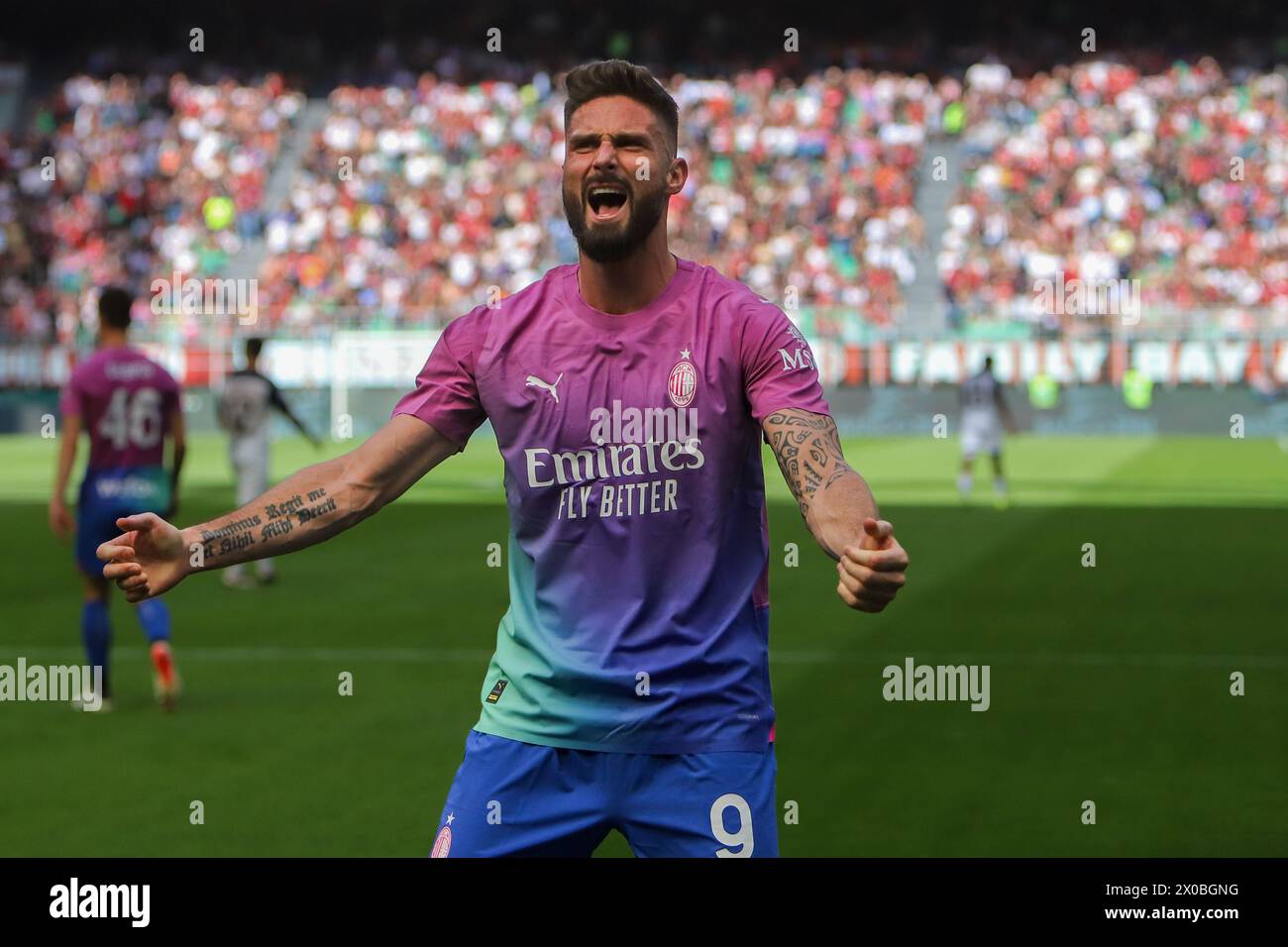 Milan, Italy - April 6  2024 - Milan vs Lecce Italian Championship  2023/2024 - In the picture: Olivier Giroud (9 AC Milan) Stock Photo
